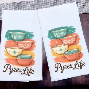 Kitchen Towels Pyrex Life Mid Century Modern Ink on 100% Cotton 28x28 Set of 2